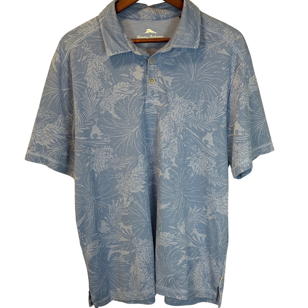 Tommy Bahama Santiago Paradise‎ Performance Polo Shirt Chambray Blue Size Large